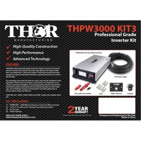 Thor Power Inverter, Pure Sine Wave, 6,000 W Peak, 3,000 W Continuous, 2 Outlets THPW3000 KIT3